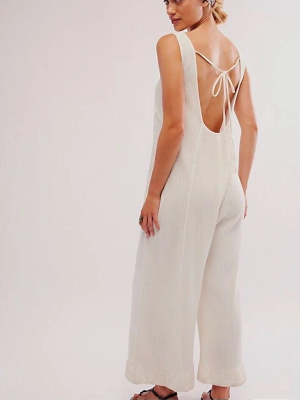 NWT Free People One Cream Callie Thermal Wide-Leg Sleeveless Jumpsuit Size XL